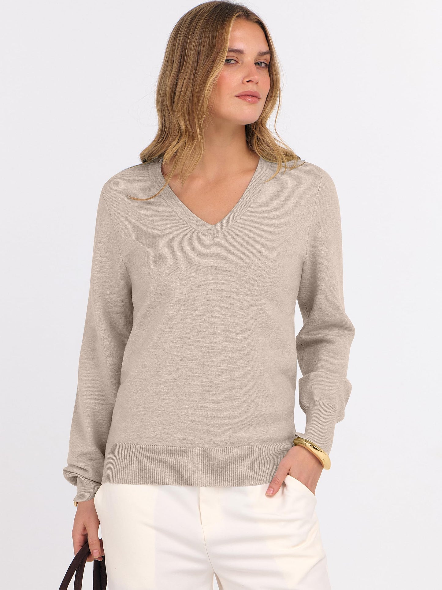 ANRABESS Womens Long Sleeve V Neck Sweaters 2025 Fall Casual Classic Soft Loose Fit Basic Pullover Jumper Top