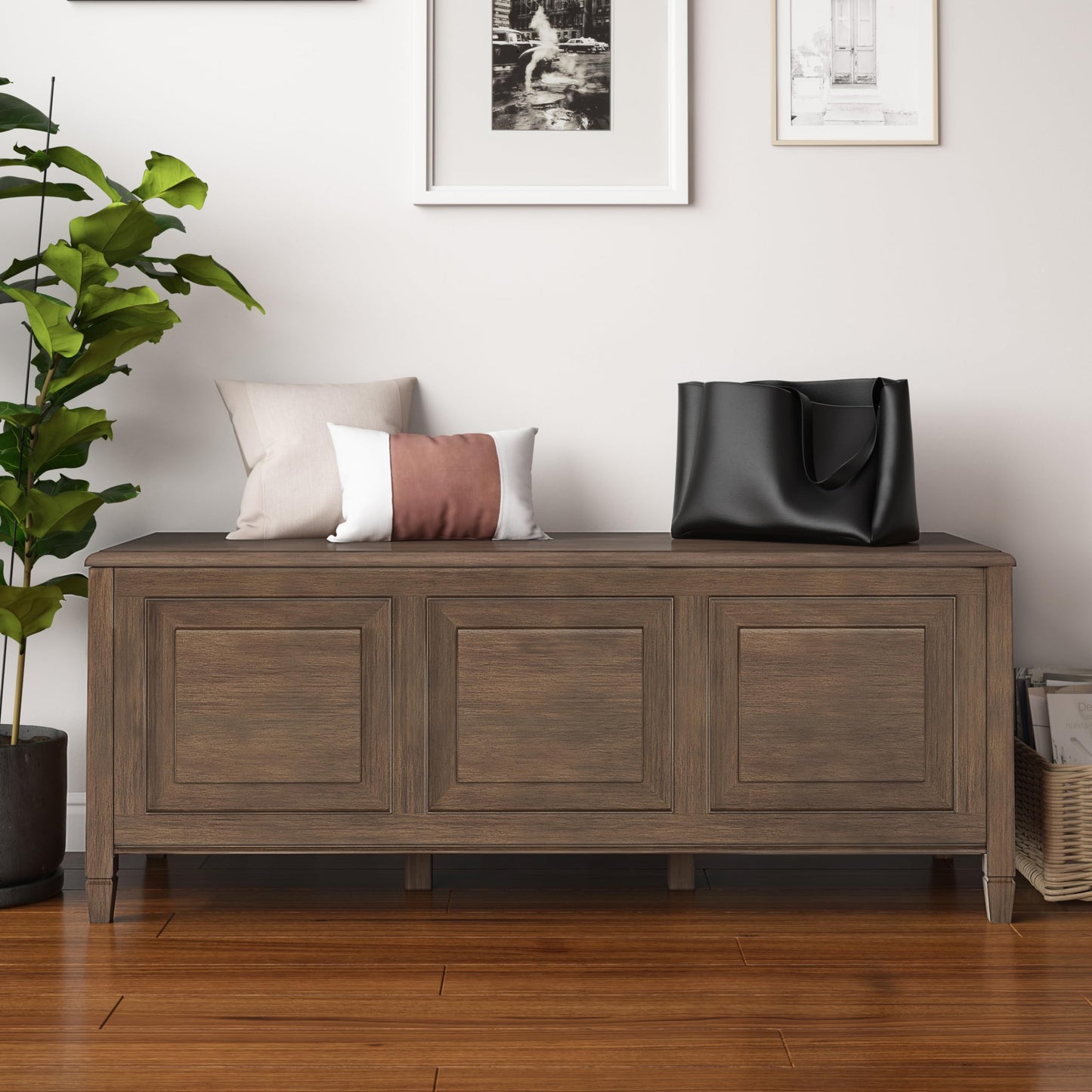 SIMPLIHOME Connaught Storage Bench - 51 inch Wide Solid Wood Trunk Bench in Natural Aged Brown, Traditional Bench for Entryway with Lift-Up Lid and 3 Hidden Compartments
