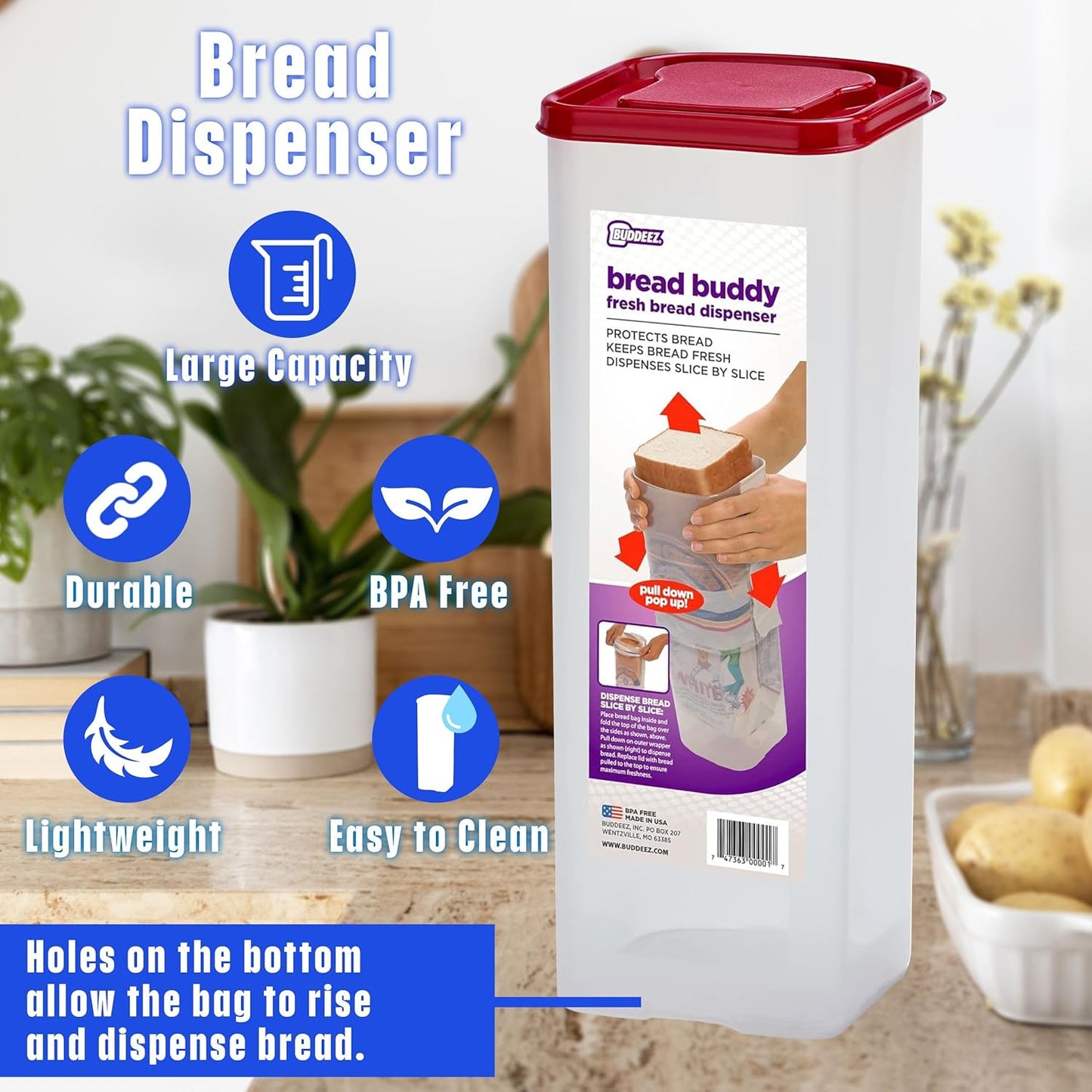 1 Buddeez Bread Buddy Bread Box Keeps Loaves Fresh - Holds Loaf of Sandwich Size Bread