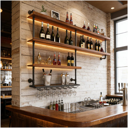 TAUODUYY 59.1in Large Wine Rack with LED Light, 4 Tiers Solid Wood Wall Mounted Wine Rack, Industrial Liquor Bottles Floating Shelves with Glass Holder for Home Bar/Dining Room (59.1in/150cm)