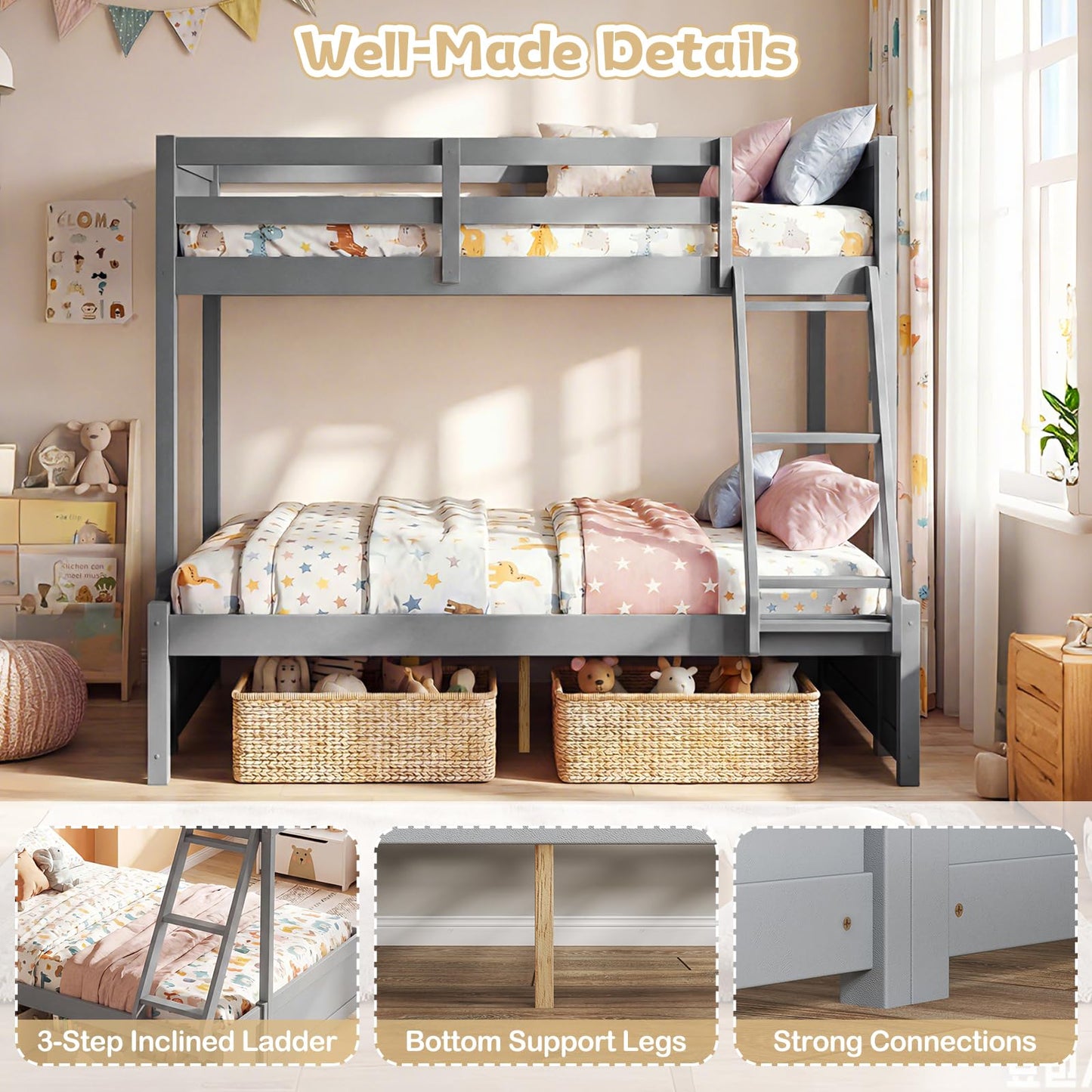 Giantex Twin Over Fulll Bunk Bed, Wood Bunk Bed with Full-Length Guardrails, Ladder, Under-Bed Storage Space for Dormitory, Bedroom, Apartment, Two Bed Frame with Slats for Teens, Kids, Adults, Grey