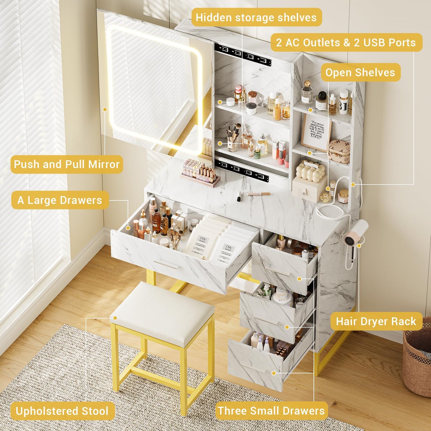 57'' Large Vanity Desk with Mirror & Lights, Makeup Vanity Table with Charging Station,