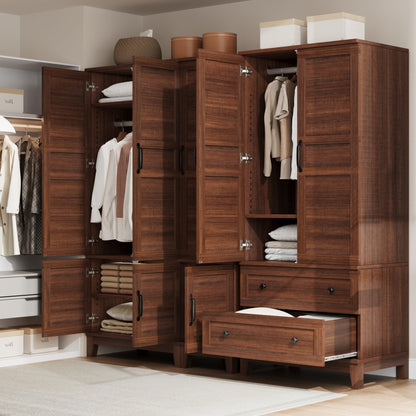 GarveeHome Armoire Wardrobe Closet with 2 Drawers,72 in Wooden Wardrobe Cabinet with Hanging Rod, Tall Clothing Armoire Cabinet with Doors and 18 Adjustable Shelves for Bedroom, Clothes,Walunt Brown