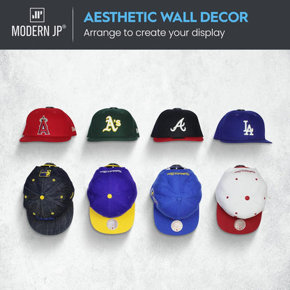 Modern JP Hat Hooks - Strong Adhesive Wall Rack for Baseball Caps | 16-Pack, Minimalist Design, Black