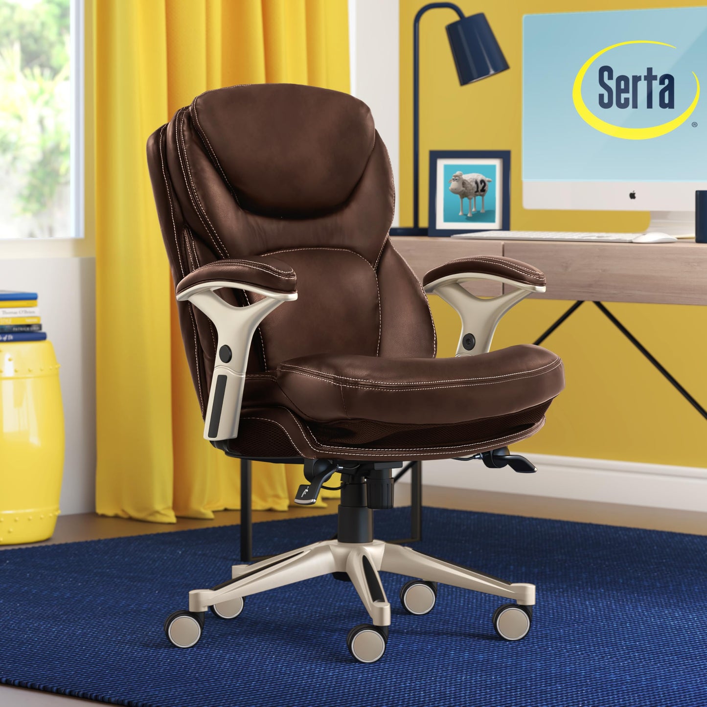 Serta Claremont Ergonomic Executive Office Chair with Back in Motion Technology, Adjustable Mid Back Desk Chair with Lumbar Support, Bonded Leather, Chestnut Brown