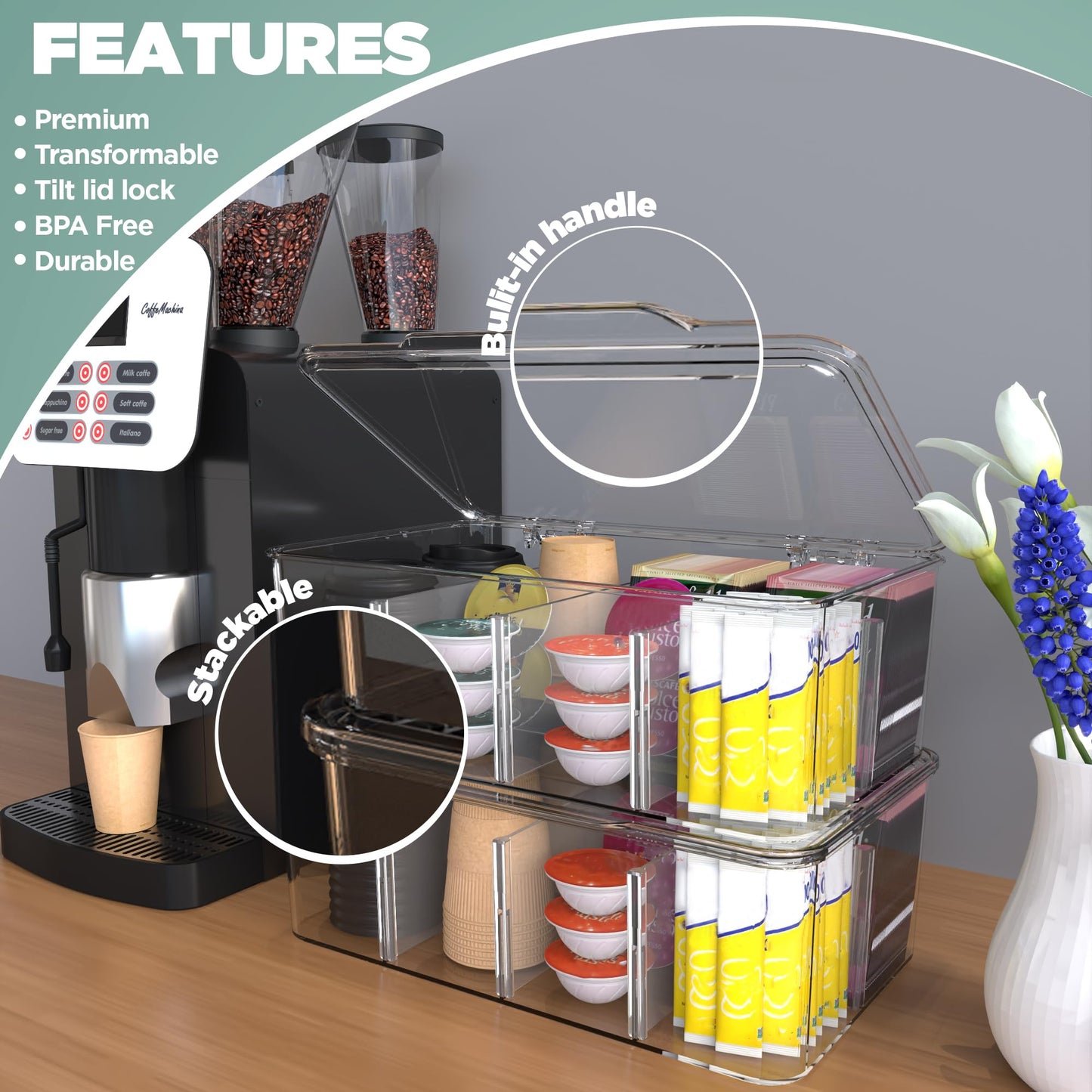Utopia Home - Tea Bag Organizer With Lids, (2 Pack) Clear Pantry Storage Box - Stackable Partition Organizers or Holder With Lids For Drawers, Countertops, Fridge, Kitchen, Snack & Spice Organization