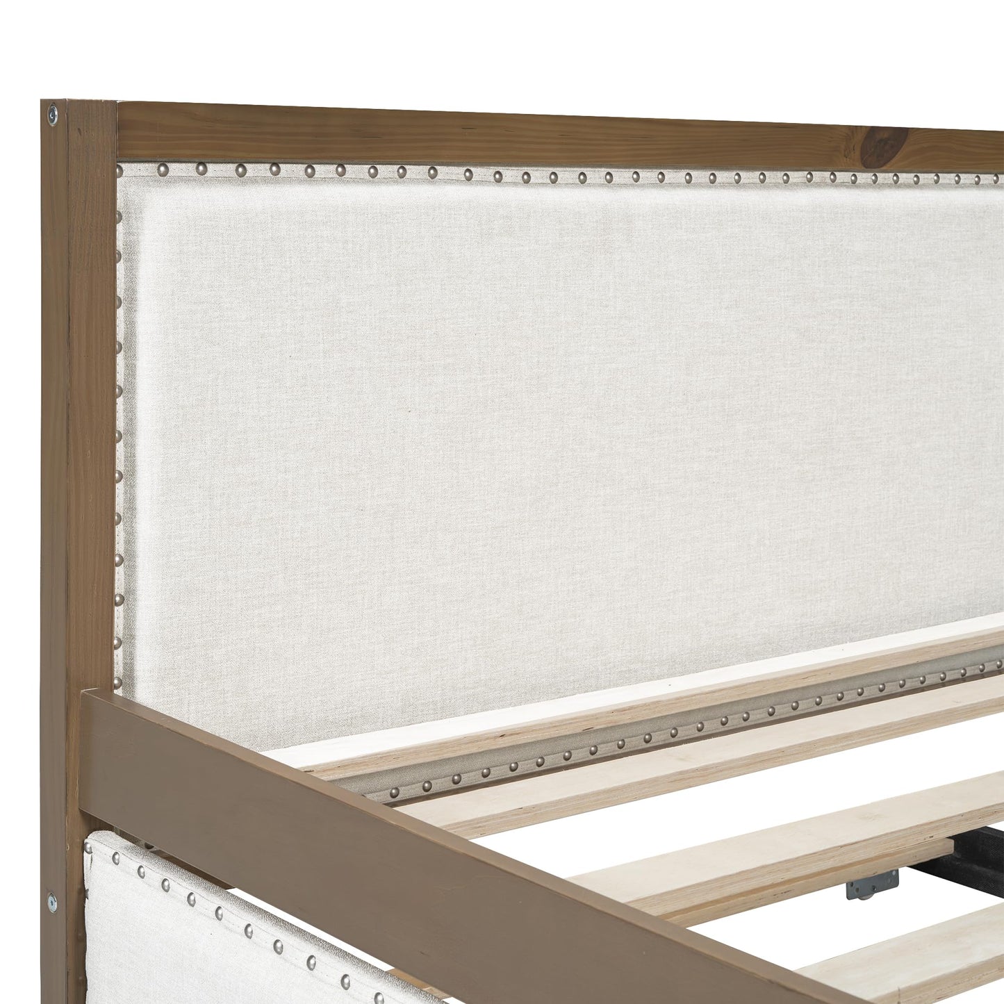 GDFStudio Full Size Upholstered Daybed with Trundle, Linen Sofa Bed with Nailhead Trim, Wood Frame Slat Support, No Box Spring Needed, Space Saving Guest Bed for Bedroom Living Room