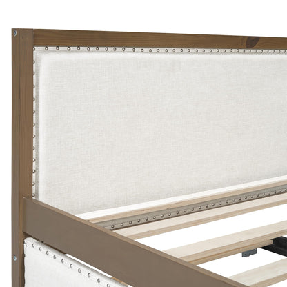 GDFStudio Full Size Upholstered Daybed with Trundle, Linen Sofa Bed with Nailhead Trim, Wood Frame Slat Support, No Box Spring Needed, Space Saving Guest Bed for Bedroom Living Room