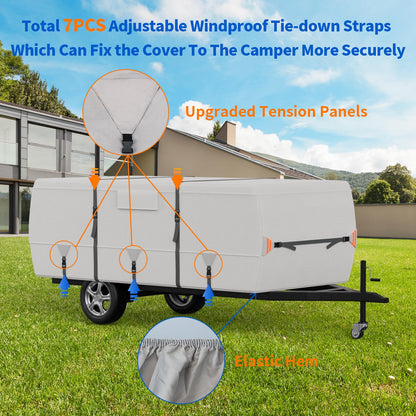 Tuszom True 900D Oxford Anti-Scratch Pop Up Camper Trailer Cover, Upgraded Waterproof Anti-UV Folding Camping RV Cover, Fit 12'-14' with 7 PCS Reinforced Windproof Straps for Motorhome