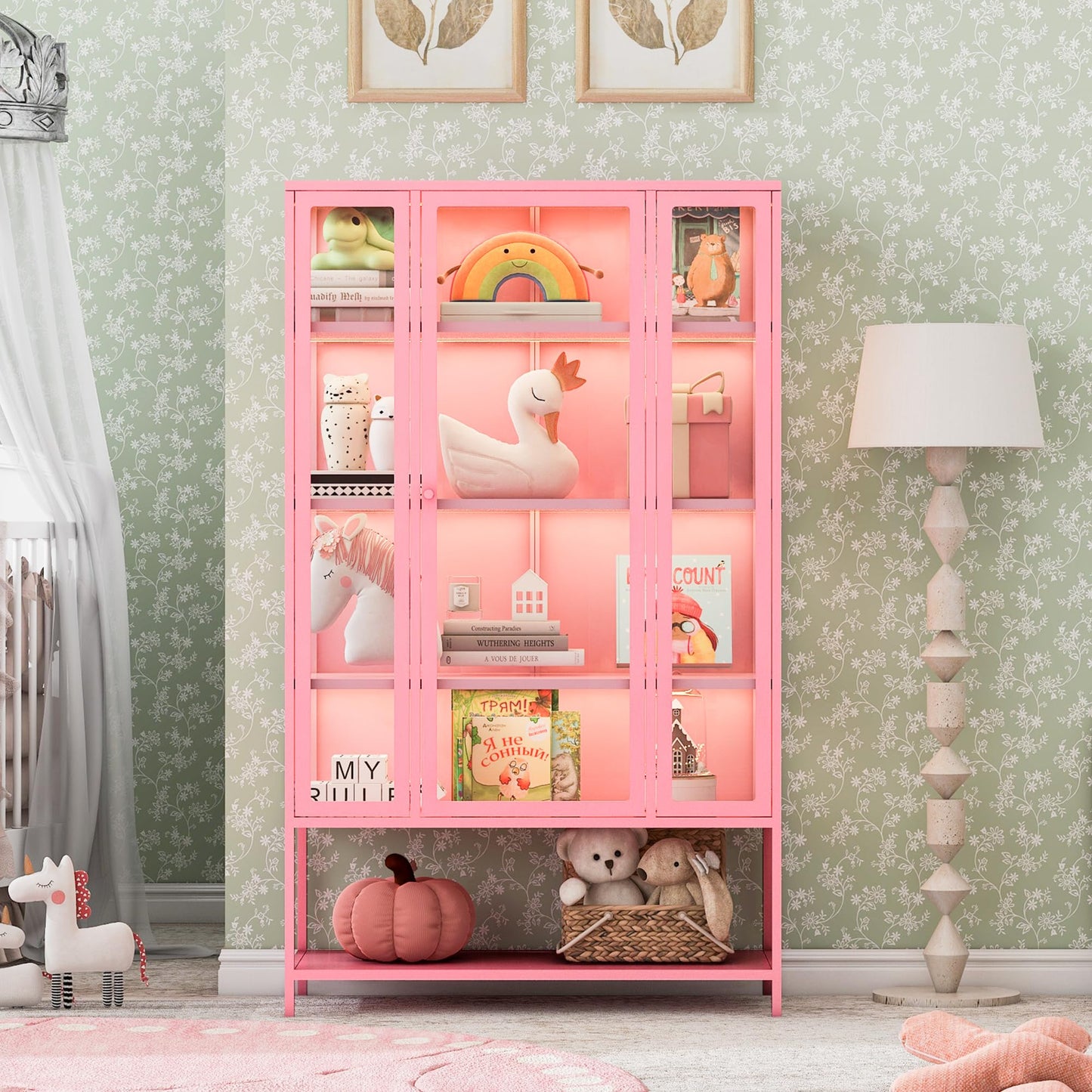 Merax 67" Tall Glass Display Cabinet with Adjustable Shelves and LED Lights, for Collectibles, Modern Steel Storage Curio Cabinet with 3-Sided Glass Display Case for Home Office Study Room, Pink