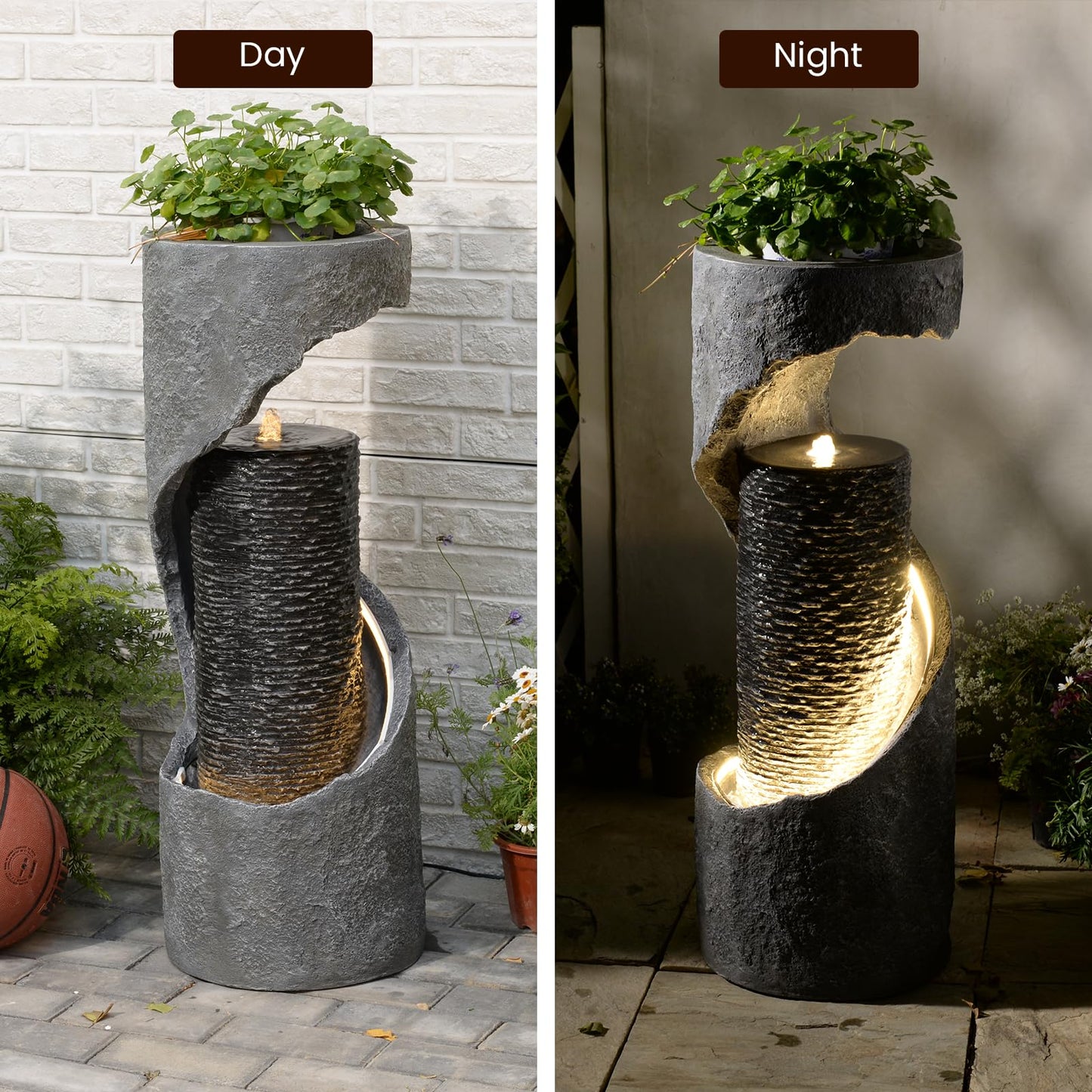 Tankana 35.5" H Water Fountain with Planter, Modern Spiral Waterfall for Outdoor and Indoor, Bubbling Garden Fountain with LED Light for Patio, Deck, and Living Room Corner