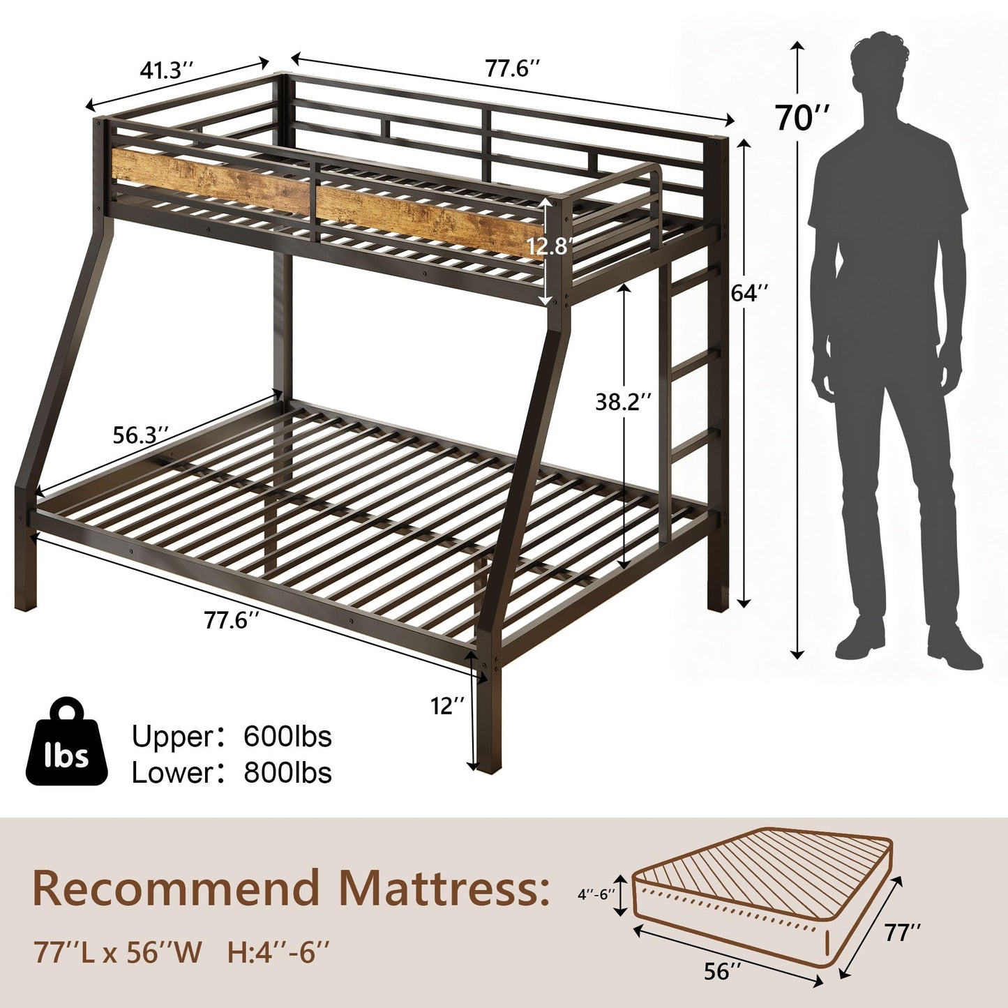 Feonase Bunk Beds Twin Over Full Size, Heavy Duty Metal Bunk Beds with Safety Guardrail & Ladders, Steel Loft Bed Frame for Teens and Adults, Apartment or Dorm, Noise Free & Easy Assembly, Retro