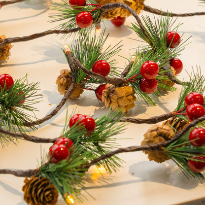 FUNPENY Christmas PineCones String Lights, 6.56Ft 20 LED Pine Needles Red Berries Fall Light Garland, Indoor Outdoor Decor for Thanksgiving Christmas Autumn Themed Party Decorations