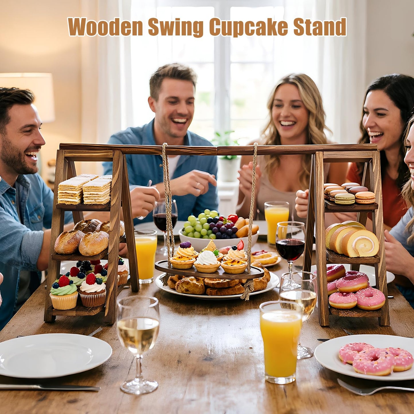 3 Tier Cupcake Stand with Swing, Wooden Cupcake Stand, Swing Cupcake Stand with Removable Serving Platter and Foldable Ladder for Birthday Anniversary Party Decoration