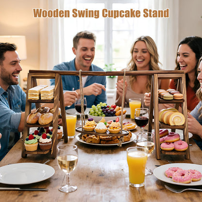 3 Tier Cupcake Stand with Swing, Wooden Cupcake Stand, Swing Cupcake Stand with Removable Serving Platter and Foldable Ladder for Birthday Anniversary Party Decoration
