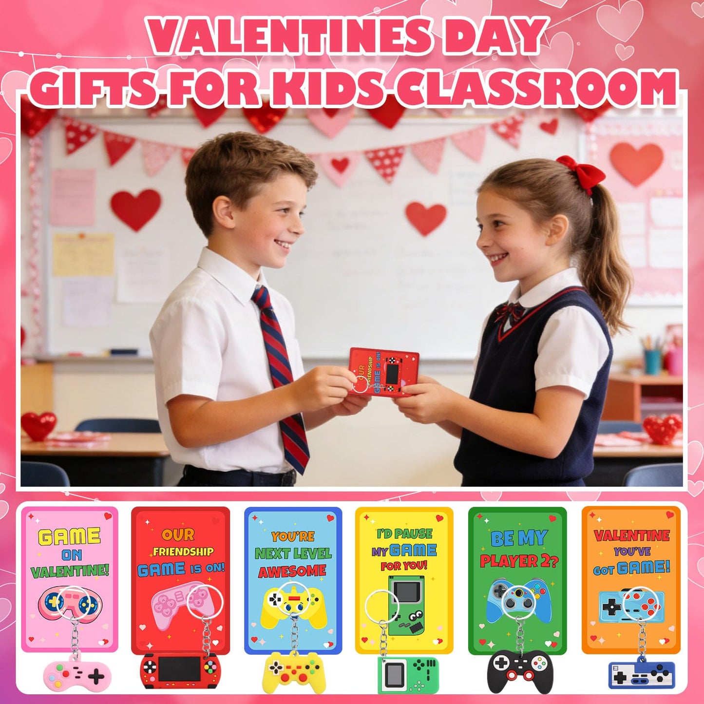 LIANORIST Valentines Day Cards for Kids School, 28 Pcs Video Game Keychains, Valentines Day Gifts for Kids Party Favors, Class Valentines Prizes Treasure Box Gifts Must Haves Treat Goodie Bag Stuffers