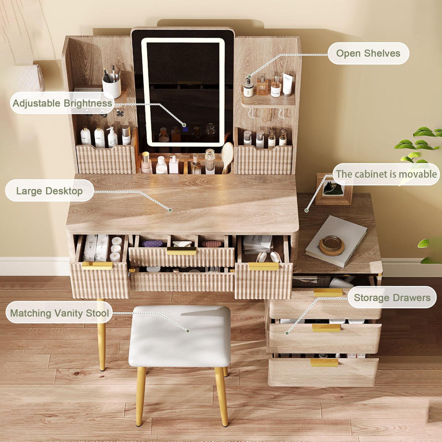 KEIKI 7-Drawer Vanity Desk with LED Mirror & Carved Details, Fluted Makeup Vanity Set with Metal Legs and PU Stool, Dressing Table with Jewelry Storage & 3 Lighting Colors for Bedroom, Yellow Brown