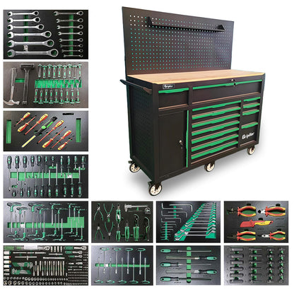 Griplier 13-Drawers Rolling Tool Cabinet with Wood Workbench,Pegboard,60.6W x 22.7D x 66.1H inch,Heavy-Duty Steel Tool Storage,Lock & Key for Home,Garbge or Workshop Use(13 Drawer + 348 Pieces Tools)