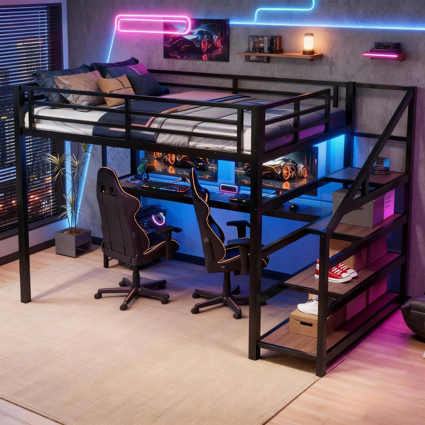 Full Size Loft Bed with Desk and Storage Stairs, Metal Loft Bed Frame with LED Lights, Charging Station, and Multi-function Iron Nets, Loftbed for Kids, Teens, Adults, Noise-free, Black and Wood