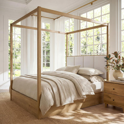 WAMPAT Wood Canopy Bed Frame Queen Size, Solid Wood Poster Bed with 12 Slats and Support Legs, 800 lbs Capacity, No Box Spring Needed, Modern Oak Wooden Bed with Upholstered Headboard for Bedroom