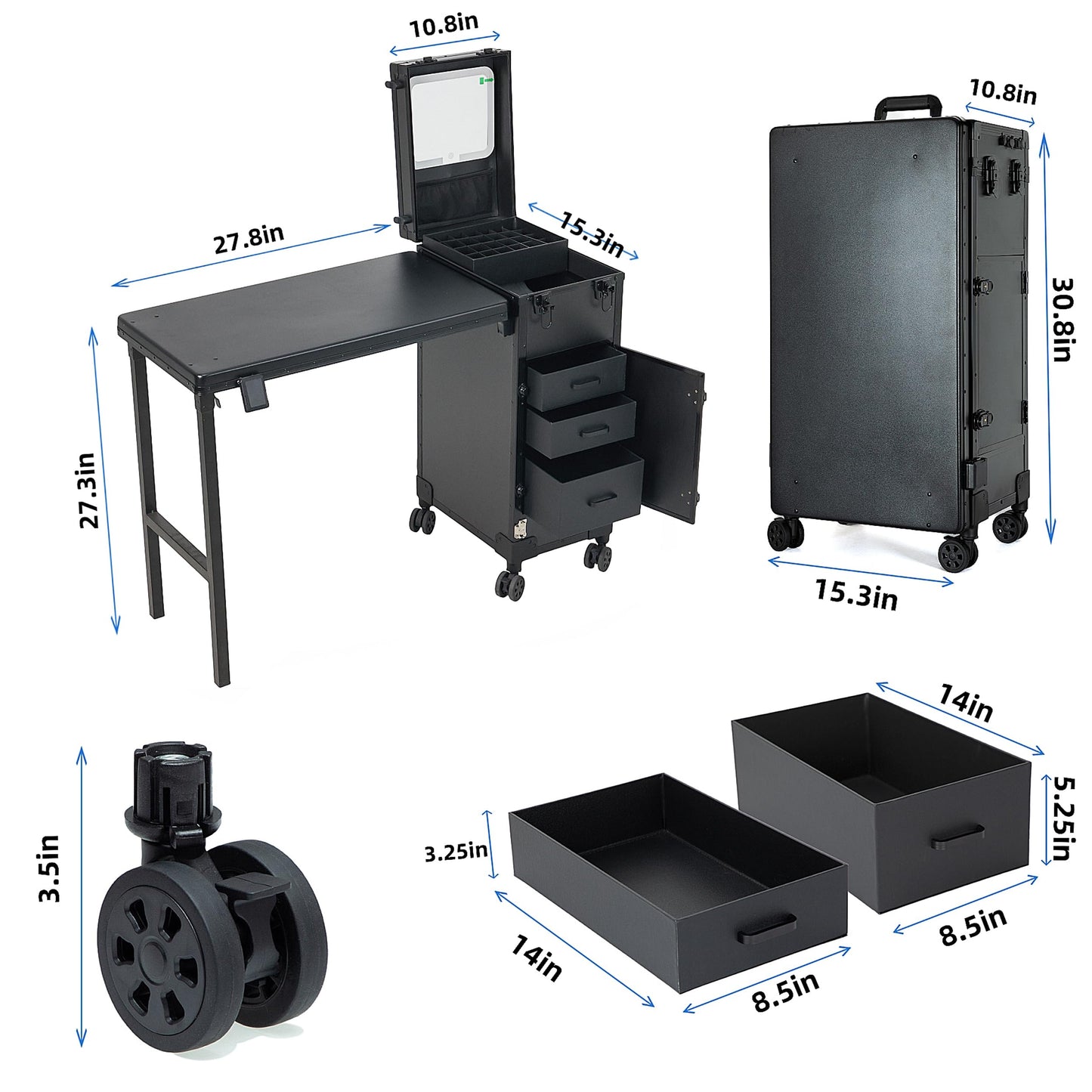 ZhenGuiRu Portable Manicure Table with 3 Drawers, Rolling Foldable Nail Desk with Detachable Mirror, Professional Makeup Train Case with Wheels and TSA Lock for Nail Techs & Salon Use