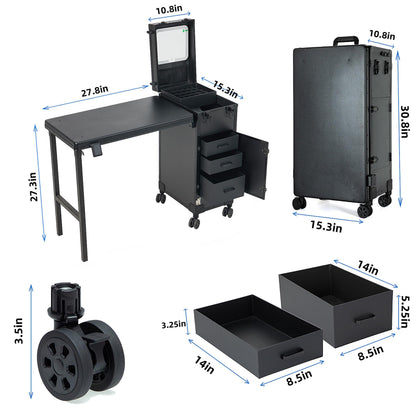 ZhenGuiRu Portable Manicure Table with 3 Drawers, Rolling Foldable Nail Desk with Detachable Mirror, Professional Makeup Train Case with Wheels and TSA Lock for Nail Techs & Salon Use