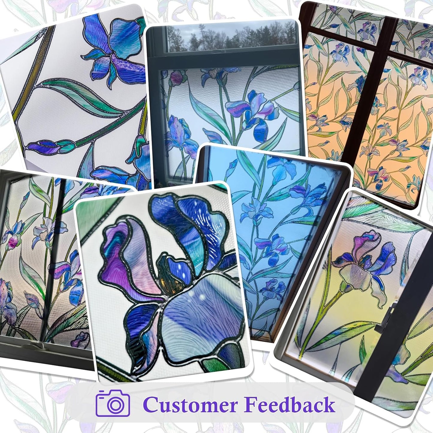Coavas Stained Glass Window Privacy Film, 3D Violet Flower Static Cling Decals, 17 x 118.1 Inch, Bathroom Sun Heat