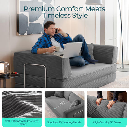 LINSY Home 79" Convertible Sofa Bed, 4-in-1 Corduroy Boneless Couches for Living Room, Folding Queen Size Futon, Floor Mattress Loveseat Sofa Bedroom Apartment Lounge, 2 Pillows, Grey