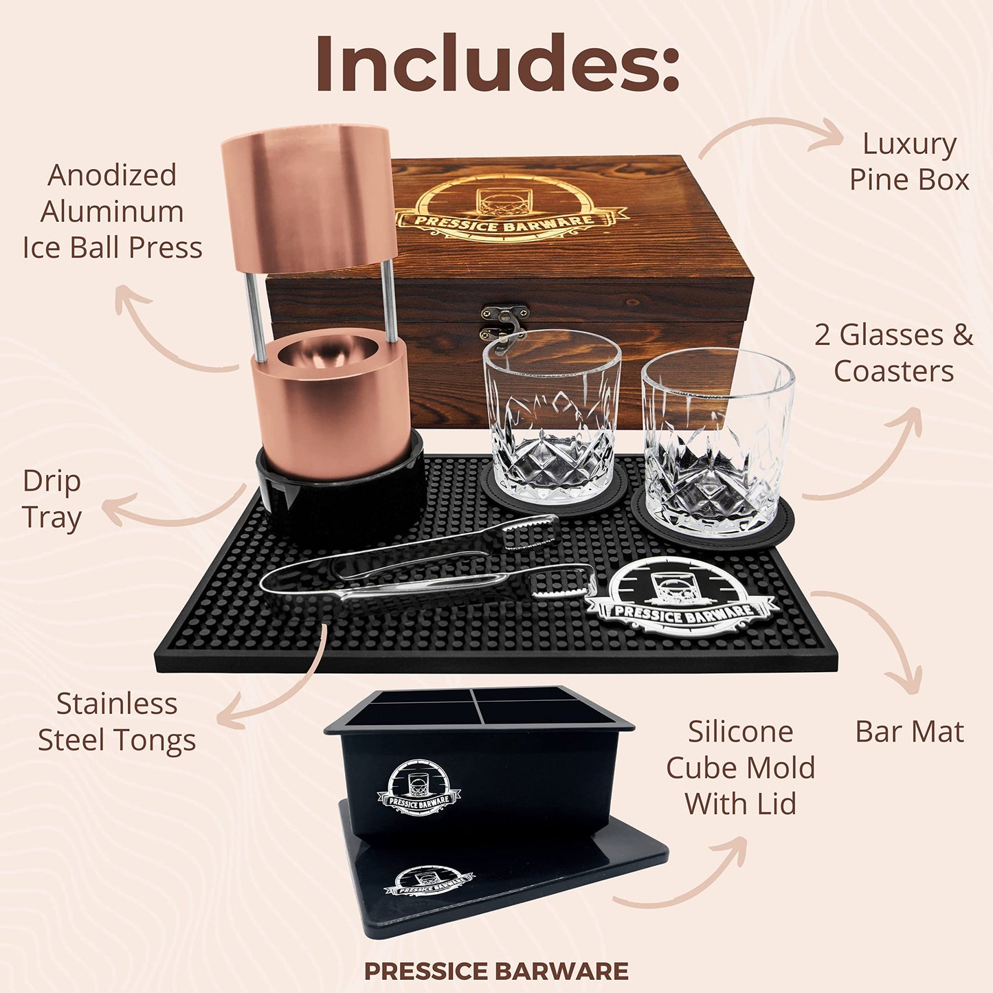 Pressice Barware Ice Press Kit – 2.3" Fast Sphere Maker – American Owned & Operated – Includes Ice Mold – Aircraft-Grade Aluminum (Paloma Kit)
