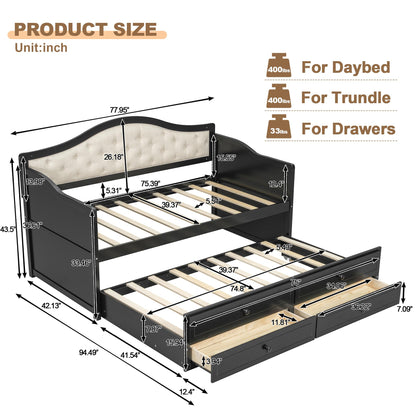GDFStudio Twin Daybed with Trundle and 2 Storage Drawers, Upholstered Button Tufted Wooden Daybed Sofa Bed, Twin Size Pull Out Trundle Bed Frame for Living Room Bedroom Guest Room, Black