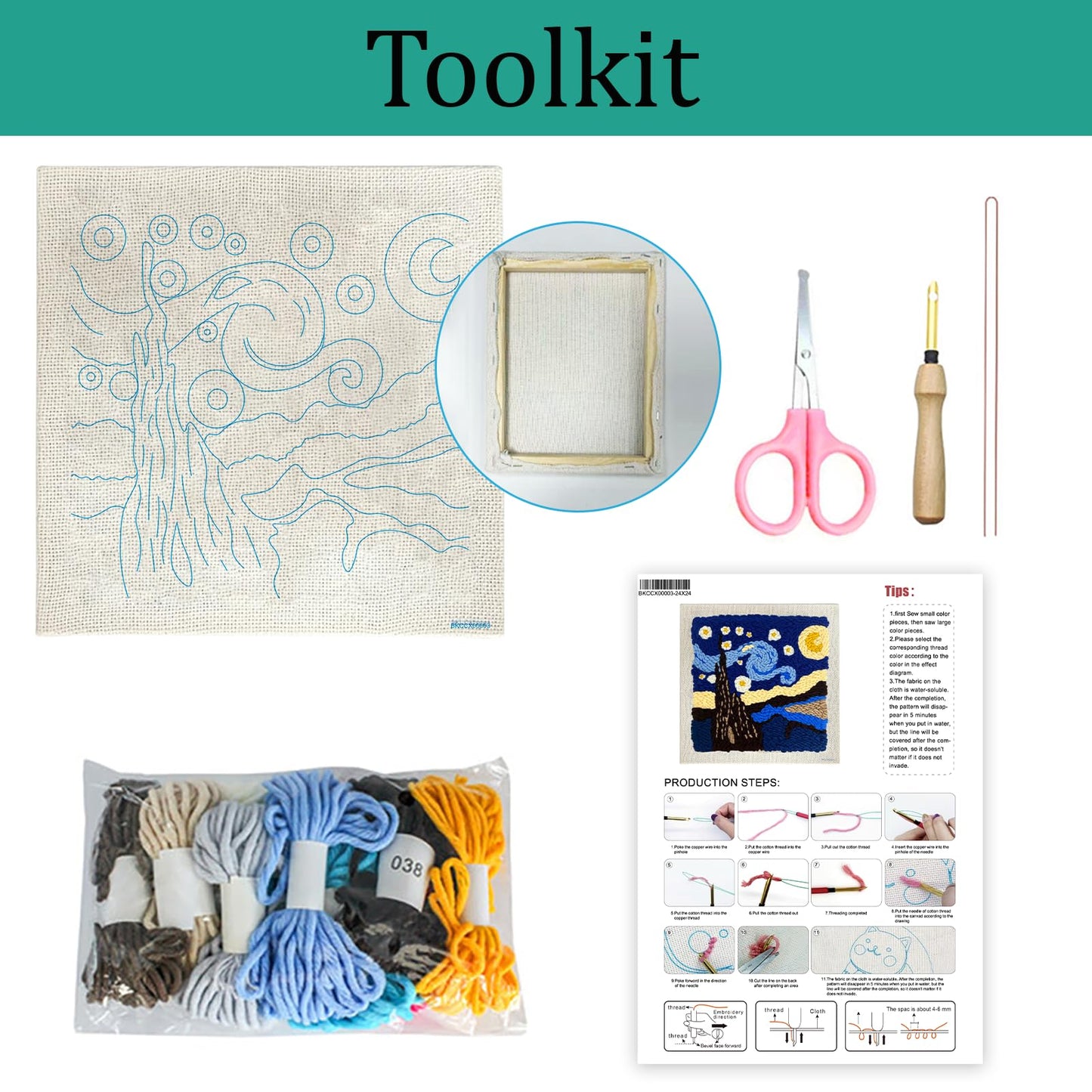 ZuoAnLF Punch Needle Kit with Hoop for Beginners, DIY Handmade Punch Needle Set with Yarn and Pattern Fabric, Relaxing Craft Activity for Adults and Teens, Home Décor & Gift Idea (Night)