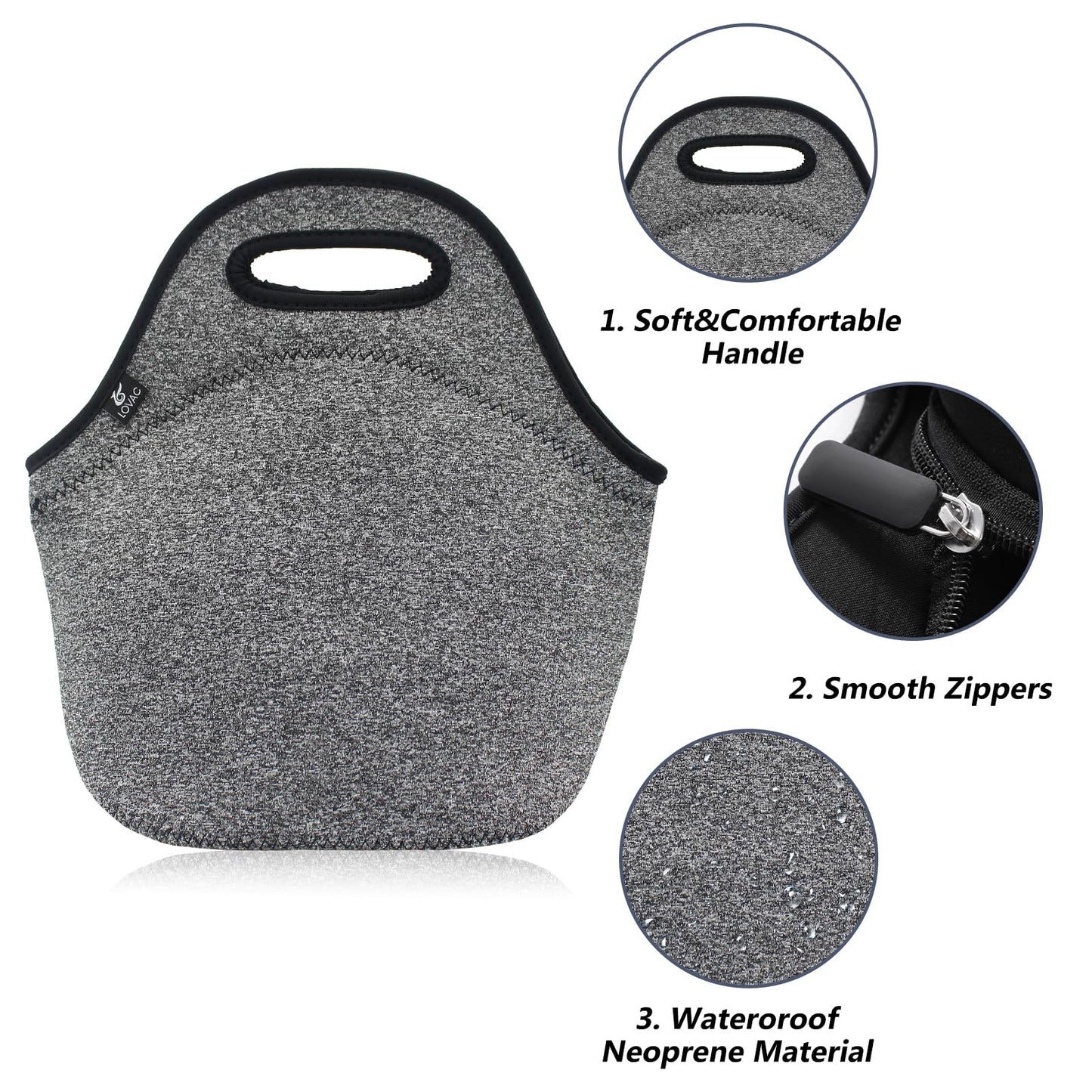 LOVAC Insulated Neoprene Lunch Bag for Men,Reusable Lunch Tote,Durable and Waterproof Lunch Bags,Soft and Lightweight (Black-Grey)