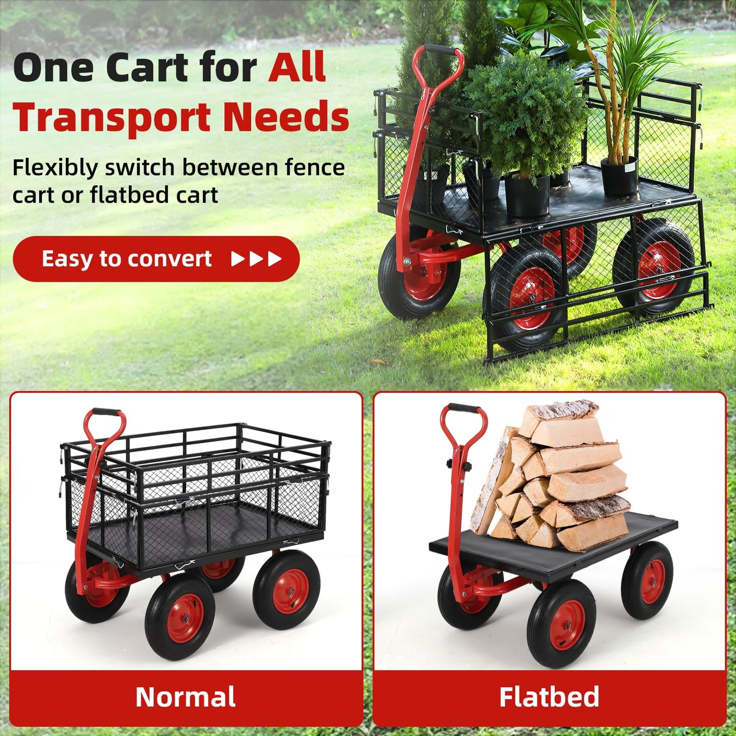 Garden Cart Steel Heavy Duty 1,400 LBS Yard and Garden Wagon with 16 Inch Tire and Adjustable Handle, Attach to ATV or Tractor, Black & Red