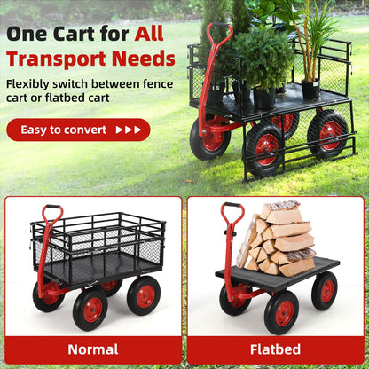 Garden Cart Steel Heavy Duty 1,400 LBS Yard and Garden Wagon with 16 Inch Tire and Adjustable Handle, Attach to ATV or Tractor, Black & Red