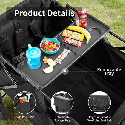Stroller Wagon for 4 Kids, 4 Seater Wagon Stroller with Convertible Seats Footrests, Snack Tray, Storage Bag, Removable Canopy, Wagon Stroller 4 Seater with Double Push Handle (Black-Convertible)