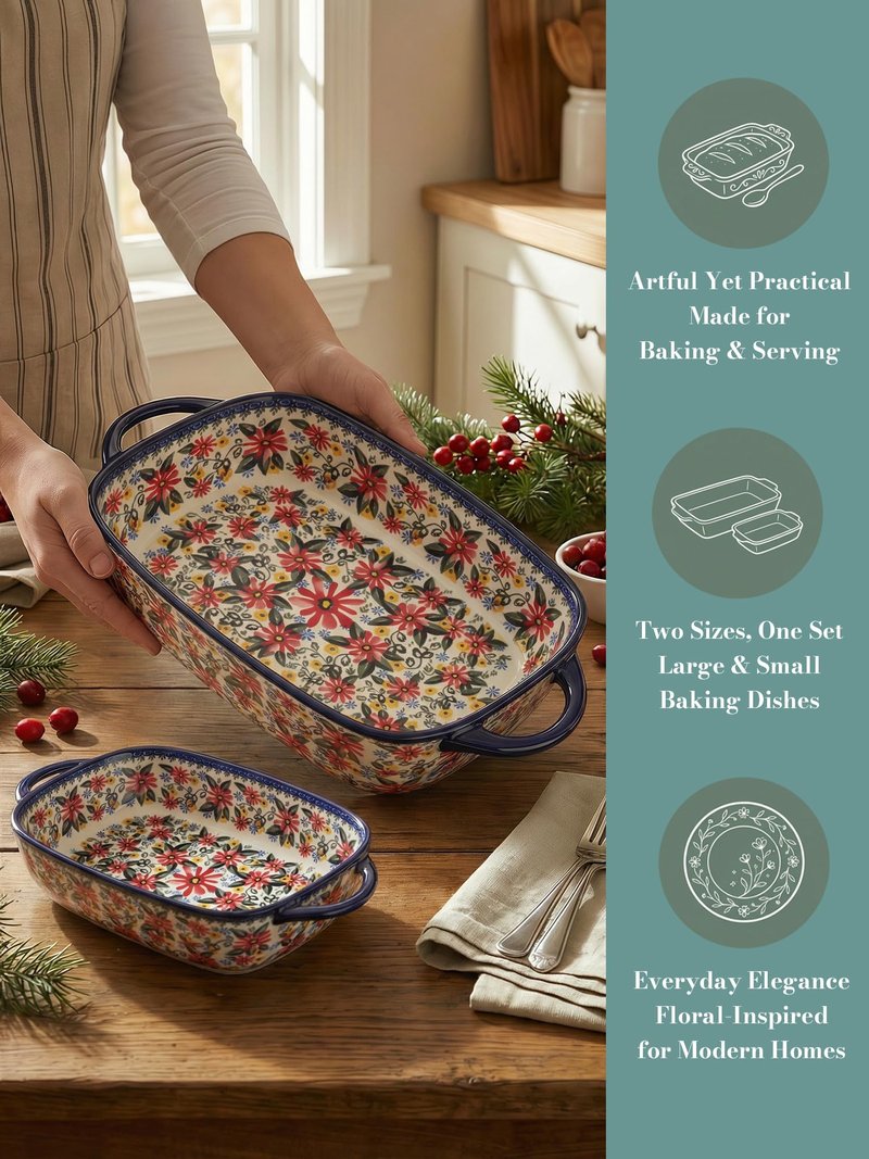 Polish Pottery Style Ceramic Baking Dish Set, 2-Piece Large & Small Casserole Bakers for 2–3 People, Floral Oven-to-Table Bakeware, Microwave & Dishwasher Safe, Gift-Ready with Protective Packaging
