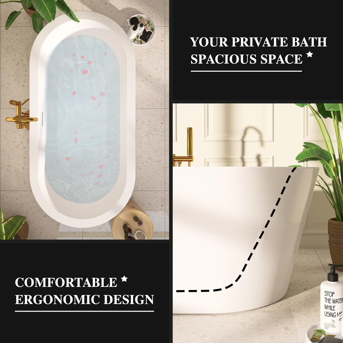 Adecab 64" Acrylic Freestanding Bathtubs, Stand Alone Tub, Soaking Tubs for Bathroom, Integrated Overflow and Drain, cUPC Certified, Gloss White