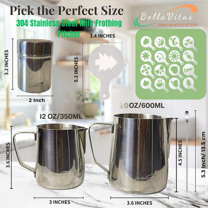 BellaVitas Milk Frothing Pitcher Set 20oz/600ml, 304 Stainless Steel Milk Frother Cup with Cocoa Shaker, Latte Art Pen, Stencils, Espresso Machine Accessories & Coffee Barista Tools Latte Pitcher Gift