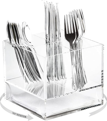 ELTOW Acrylic Swivel Silverware Caddy, Stylish Kitchen Table Organizer for Spoons, Forks, Knives, Napkins