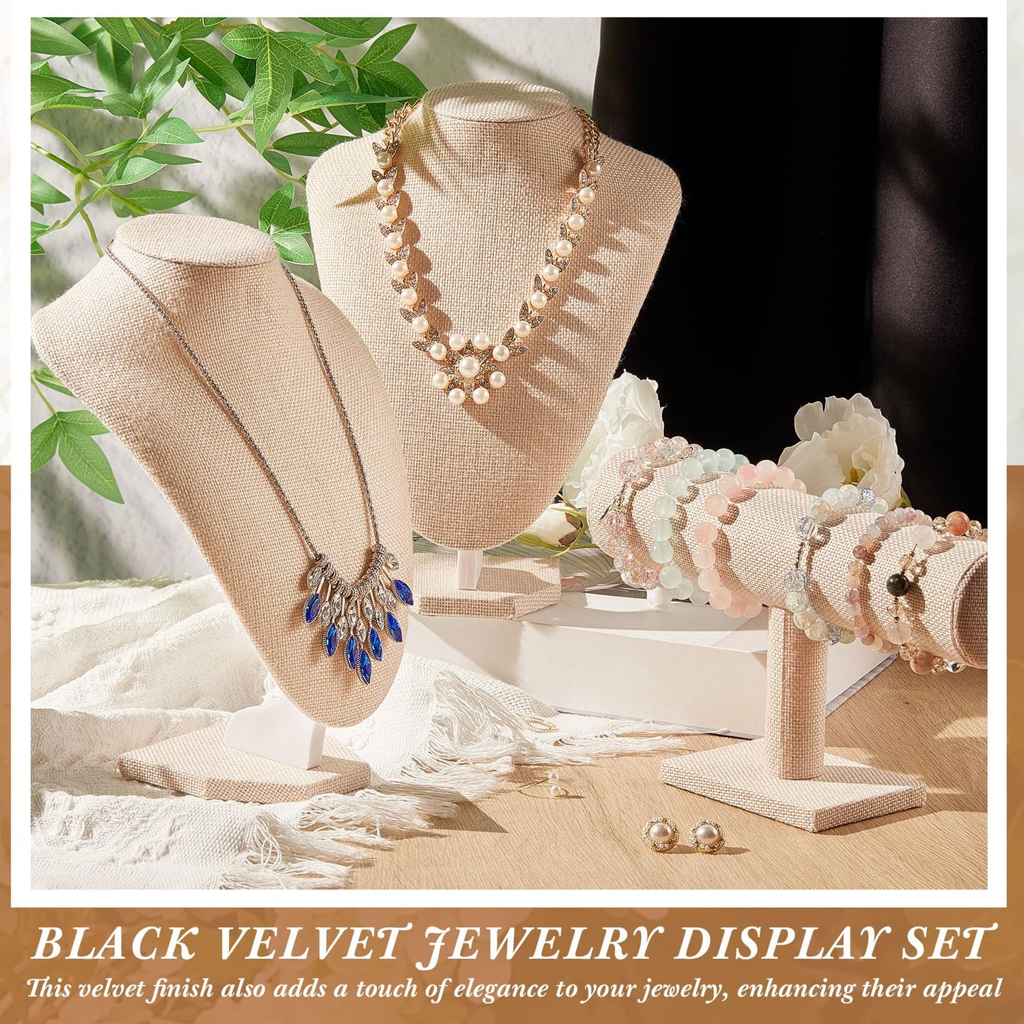 Huquary 6 Pcs Jewelry Display Set Necklace Display Stand T Bar Bracelet Holder Jewelry Bust for Home Store Trade Show(Linen)