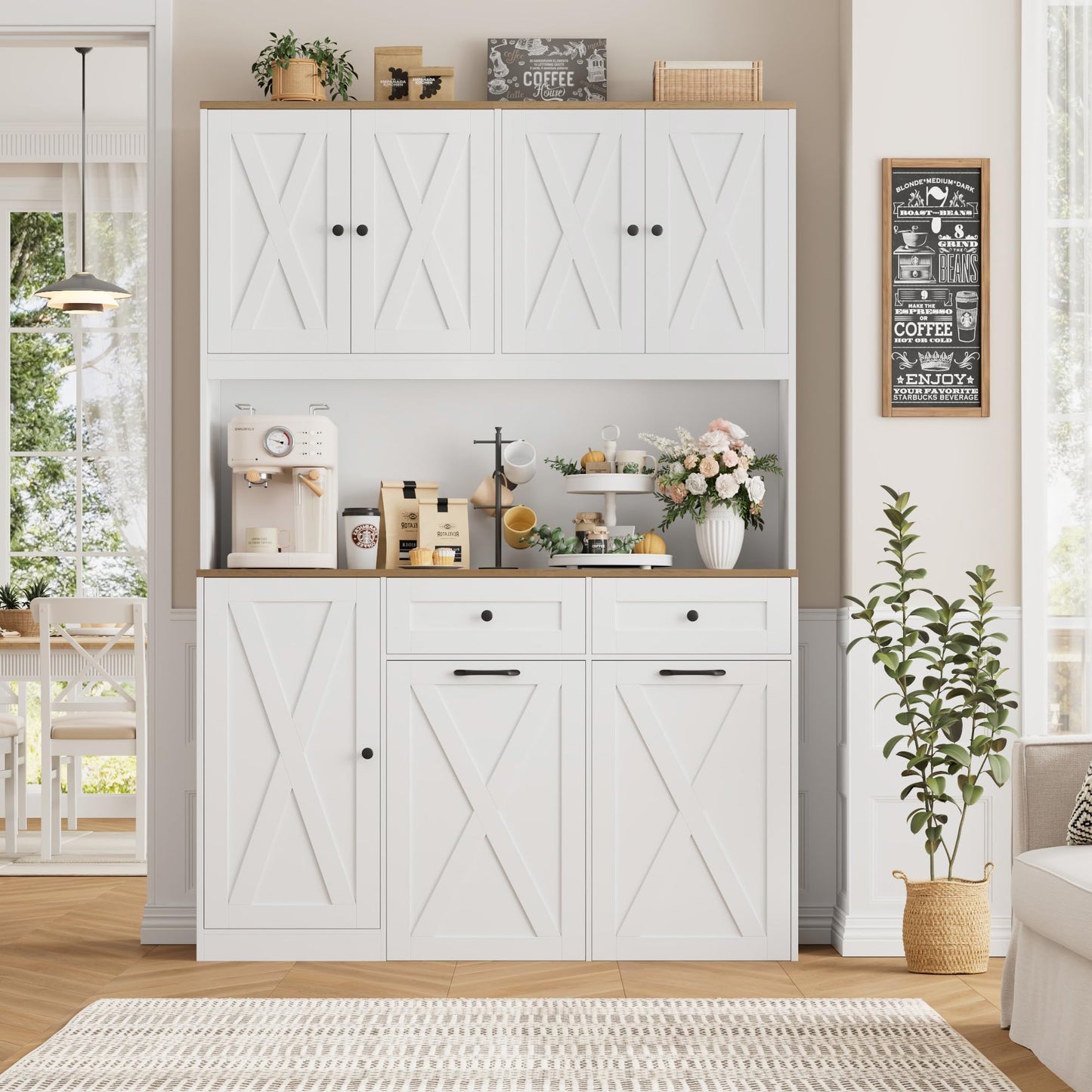 HOSTACK 71"H Kitchen Trash Can Cabinet, 12.5 Gallon Double Pull Out Garbage Can Hutch Cabinet with Trash Bin Storage Holders, 47" Wide Kitchen Pantry with Hidden Garbage Storage for Dining Room, White