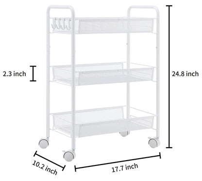 JANE EYRE 3-Tier Rolling Utility Storage Rack Cart on Wheels, Trolley Craft cart, Multi-Purpose Organizer Shelf, White