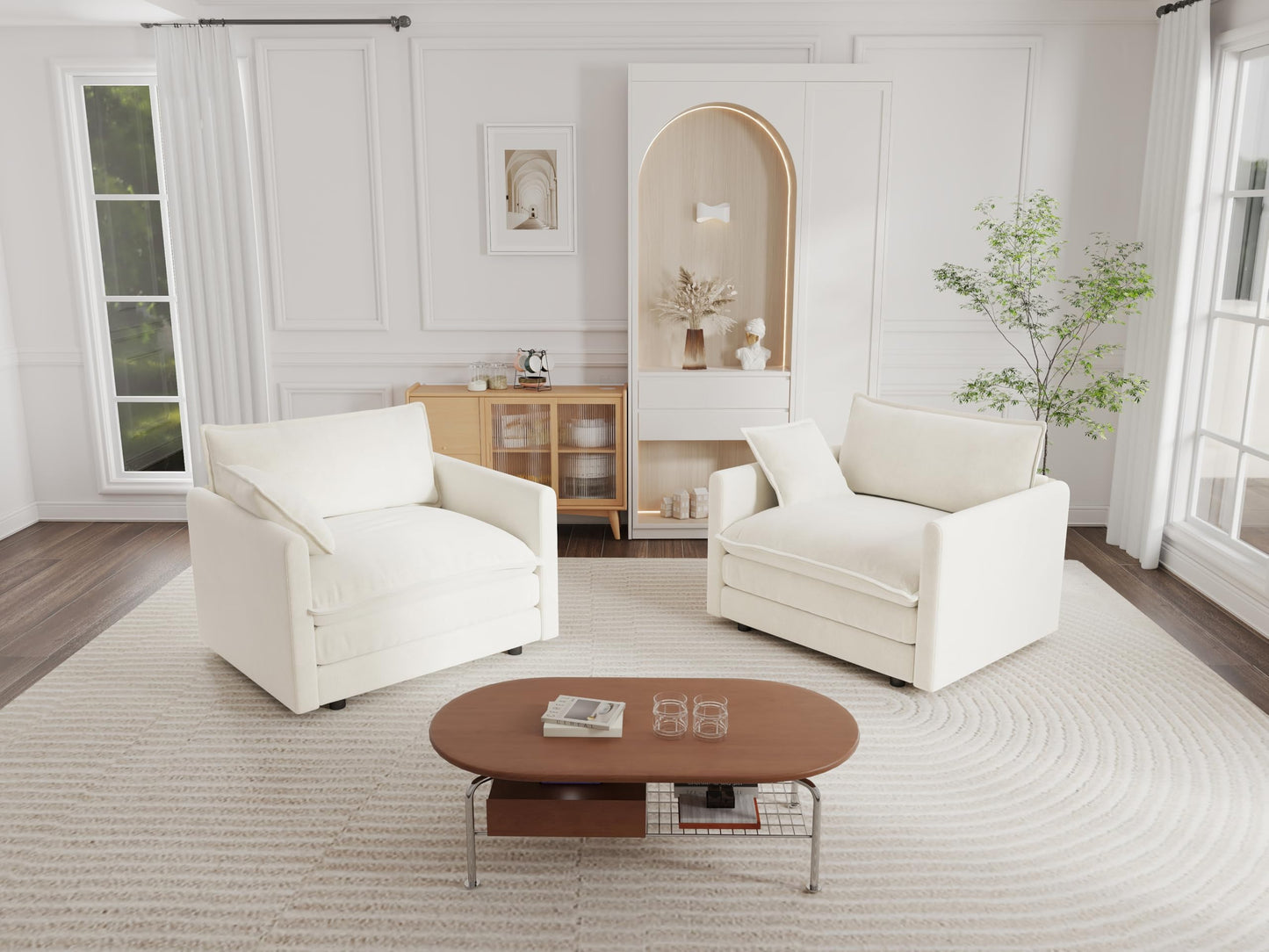 KEIKI 2-Piece Sofa Set with 2 Oversized Chenille Single Sofa, Upholstered Modern Style 2-Seater Lounge Accent Chair Set with 2 Pillow, High-Density Foam Cushions, for Apartment, Living Room, White