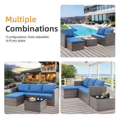 Shintenchi 4 Pieces Patio Furniture Sets, Outdoor Sofa Patio Sectional Sets All Weather, 2-in-1 Wicker Rattan Seating Sofa Couch with Cushions & Coffee Table for Yard, Garden, Porch, Poolside (Blue)
