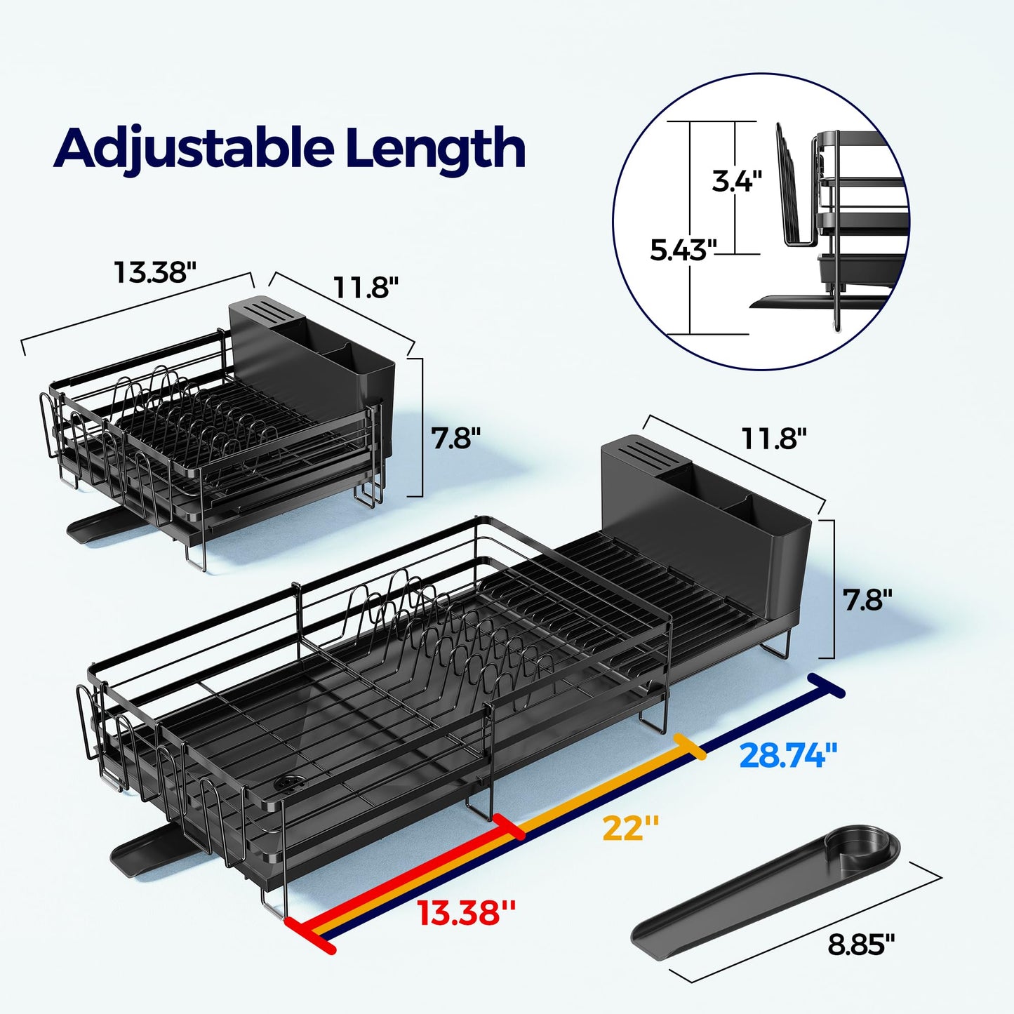 Pantasia Large Dish Drying Rack, Expandable Dish Rack for Kitchen Counter, Dish Drainer with Drainboard Set, Multifunctional Dishrack with Utensil & Cup Holder, 13.4"-28.7" L x 11.8" W x 7.8" H, Black