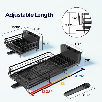 Pantasia Large Dish Drying Rack, Expandable Dish Rack for Kitchen Counter, Dish Drainer with Drainboard Set, Multifunctional Dishrack with Utensil & Cup Holder, 13.4"-28.7" L x 11.8" W x 7.8" H, Black