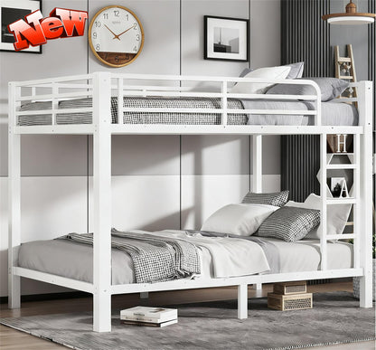 SIMPLEZC Upgraded Version Thickened Heavy-Duty Metal Full XL Over Full XL Bunk Bed, Higher Quality & Stronger Steel Bunk Bed Full XL Size with Ladder and Guard Rail for Adults (White,Full XL)