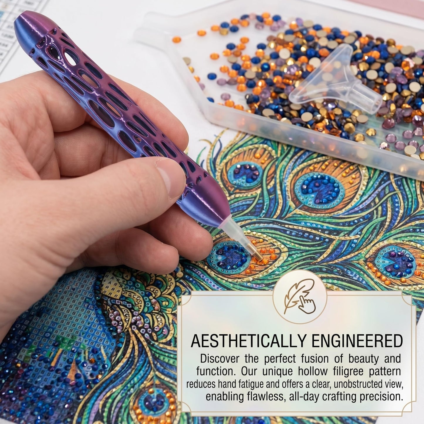 NICEXIYAZI-Iridescent Diamond Painting Pen Set, Hollow Ergonomic Diamond Art Pen with 6 Interchangeable Tips, Lightweight Drill Pen for 5D Diamond Painting, Nail Art, DIY Craft