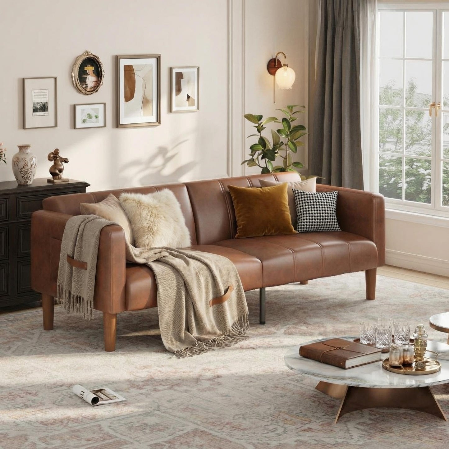 GarveeHome Futon Sofa Bed, 75-Inch Modern Faux Leather Convertible Couch, Mid-Century Loveseat for Small Space, Living Room, Bedroom, Brown