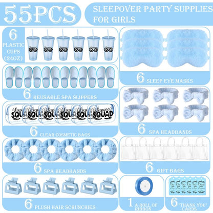 Acellegic 6 Sets Spa Sleepover Party Supplies 6 Pink Cups 6 Spa Headbands 6 Slippers 6 Eye Masks 6 Scrunchies 6 Hair Claws 6 Bags 6 Cosmetic Bag 6 Cards 1 Ribbon for Slumber Party(Blue)